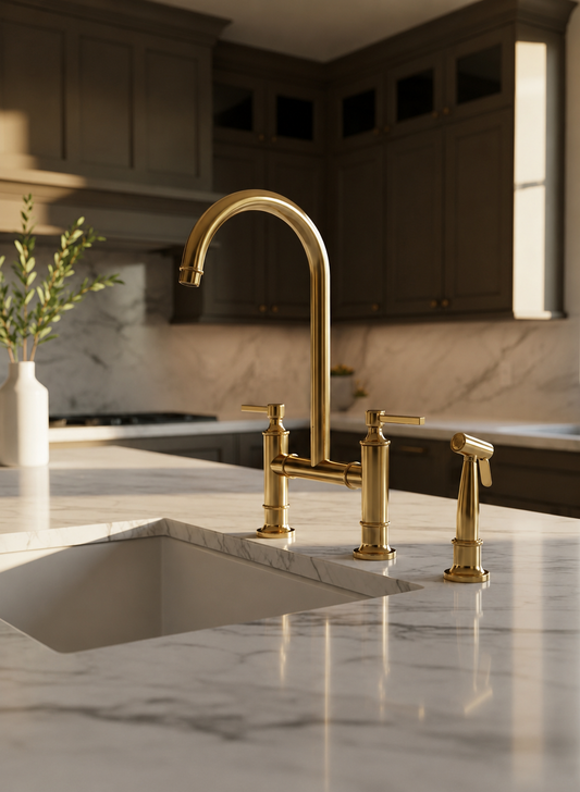 A polished gold bridge faucet with a high-arc spout and matching side handles installed over a white marble kitchen sink, with dark wood cabinets in the background.