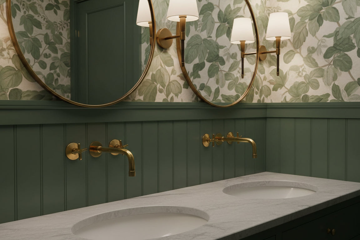 Double vanity with integrated sinks, brass wall faucets, and oval mirrors on green paneled wall.