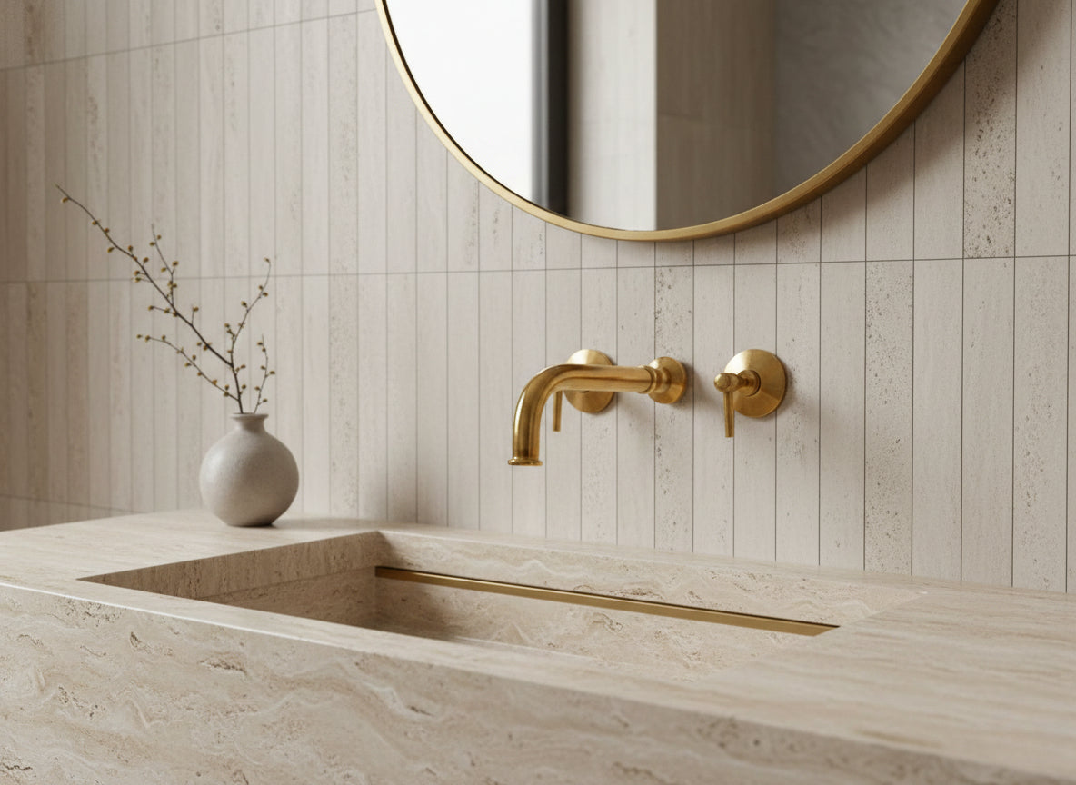 Modern stone vanity with brass wall faucet and round mirror