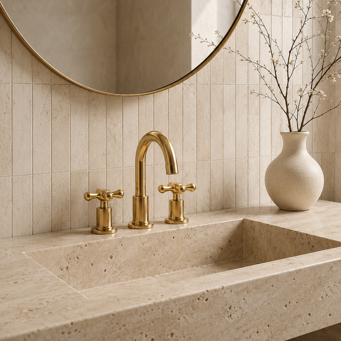 A modern bathroom scene featuring a polished gold three-hole faucet set with cross handles, mounted on a beige travertine stone countertop and backsplash. A large round mirror with a gold frame hangs above, and a textured cream ceramic vase with delicate branches sits on the counter.