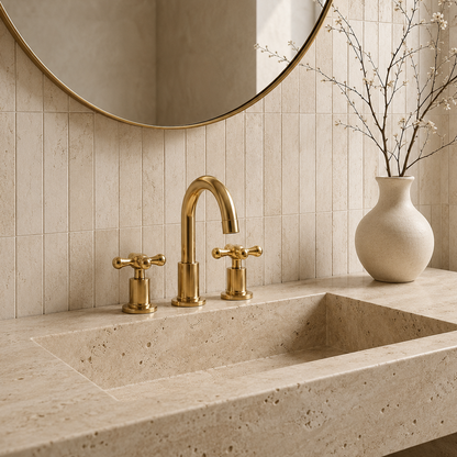 A modern bathroom scene featuring a polished gold three-hole faucet set with cross handles, mounted on a beige travertine stone countertop and backsplash. A large round mirror with a gold frame hangs above, and a textured cream ceramic vase with delicate branches sits on the counter.
