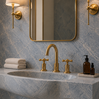 A modern bathroom vanity setup featuring a gray marble sink with brushed gold faucet and handles, set against a blue-gray marble wall with a gold-framed mirror and wall sconces.