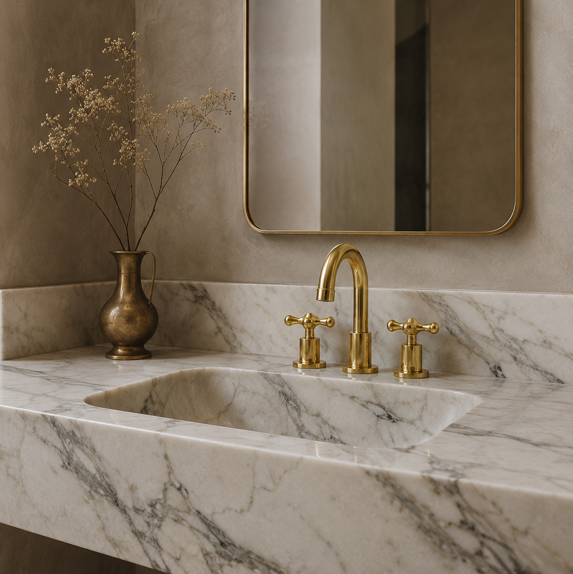 A polished brass bathroom faucet with two cross handles installed in a white marble sink, set against a warm beige stone wall with a gold-framed mirror and a small bronze vase with dried flowers.