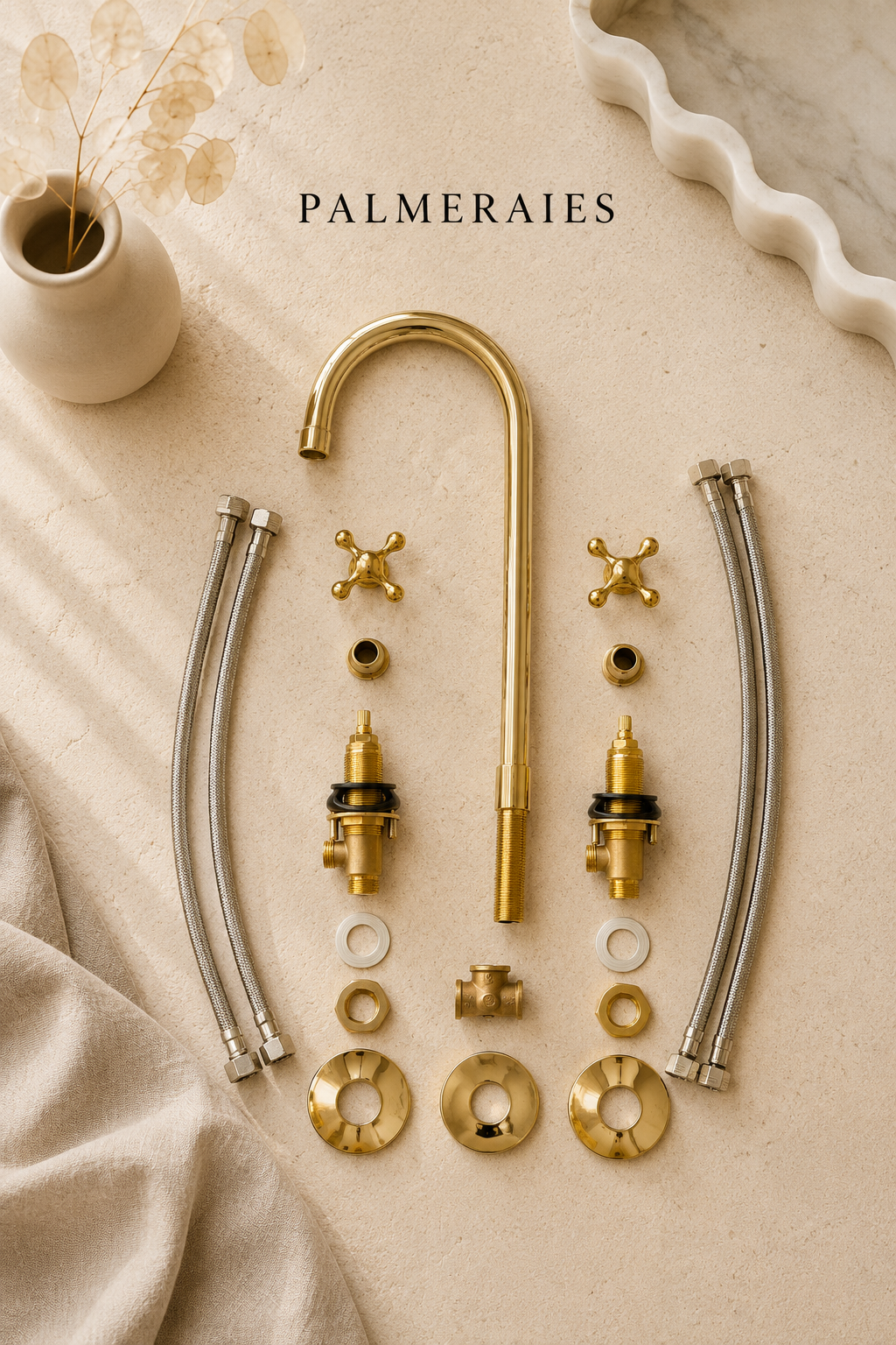 An exploded view of a brass and stainless steel faucet set with all its components neatly arranged on a textured beige surface. The set includes a curved brass spout, two stainless steel flexible supply lines, brass cross handles, valve components, washers, and seals.