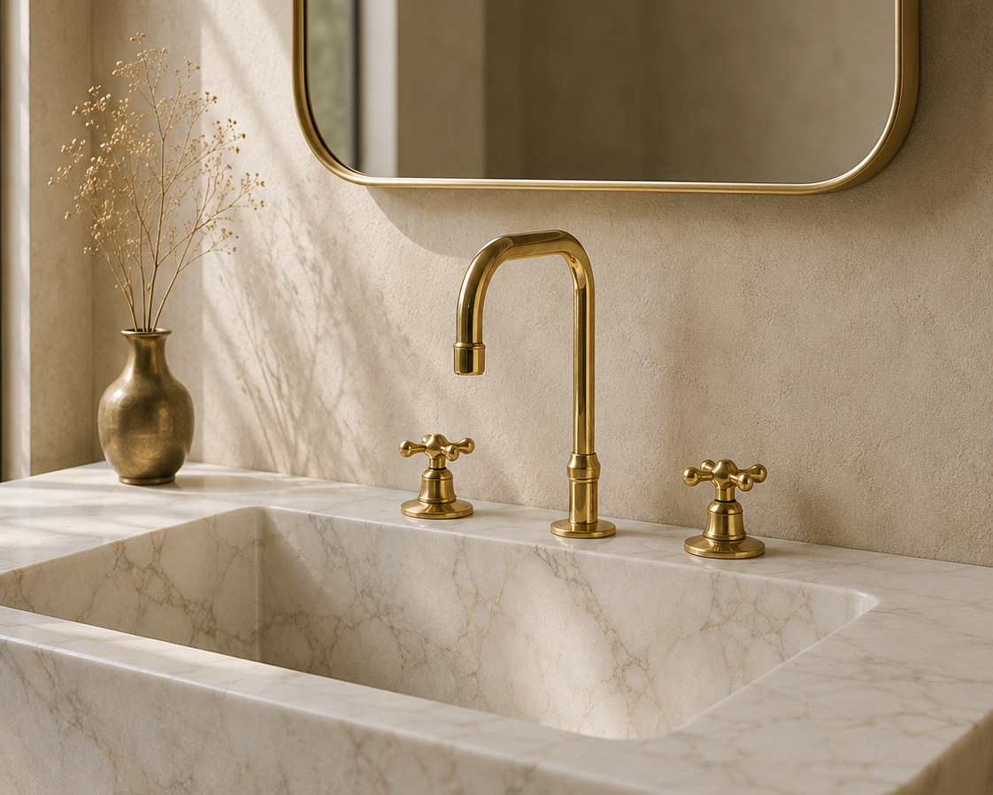 A modern bathroom vanity setup featuring a warm brass faucet and matching cross-handle valves set into a white marble sink, with a matching marble countertop and a gold-framed mirror on a textured beige wall.