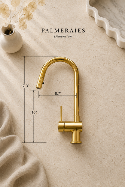 Gold single-handle kitchen faucet shown on a beige surface with overlaid dimension lines and text reading PALMERAIES Dimension, plus decorative props including a small vase with dried flowers and a wavy tray.