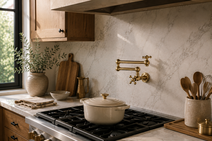 Luxury unlacquered brass wall-mounted pot filler installed above a professional gas range with a marble backsplash and warm wood cabinetry.