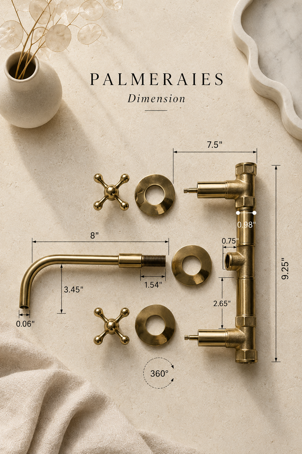 A brass bathroom faucet set laid out on a light beige surface with overlaid dimension labels and measurements. The set includes a vertical T-shaped main body, a curved spout, two cross handles, and several washers/rings.