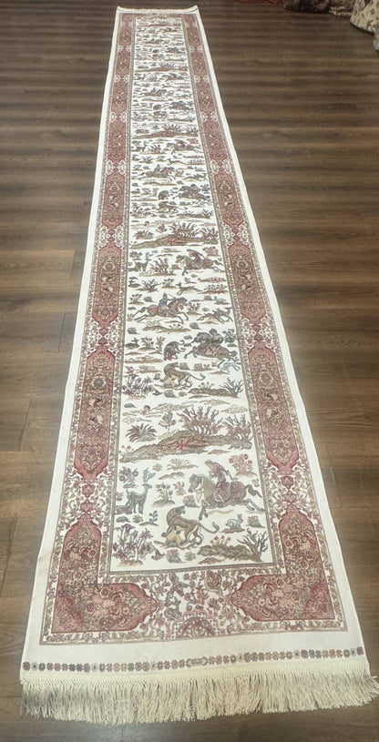 Long Turkish Silk Runner Rug 2.6 x 16.5, Hunting Design, Ivory, Bamboo Silk, New