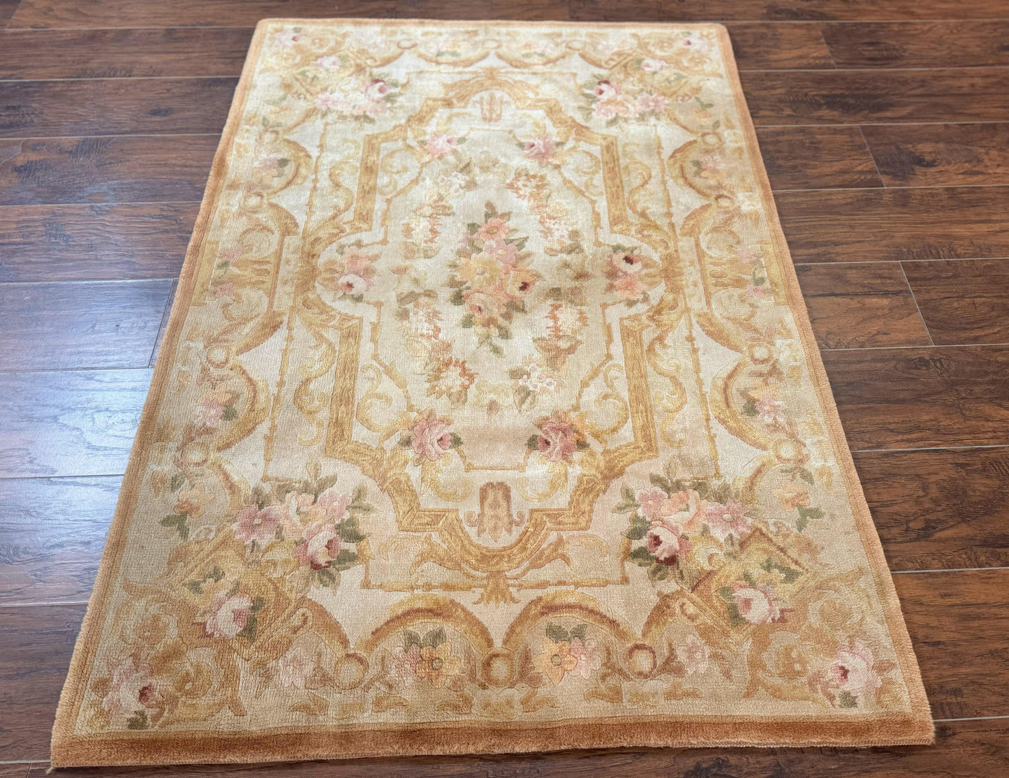 Handmade Chinese Aubusson Rug 3.6 x 5 Beige and Gold Vintage European Design