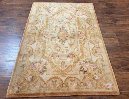 Handmade Chinese Aubusson Rug 3.6 x 5 Beige and Gold Vintage European Design
