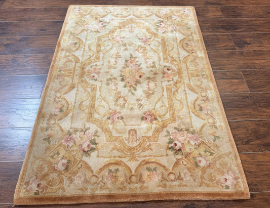 Handmade Chinese Aubusson Rug 3.6 x 5 Beige and Gold Vintage European Design