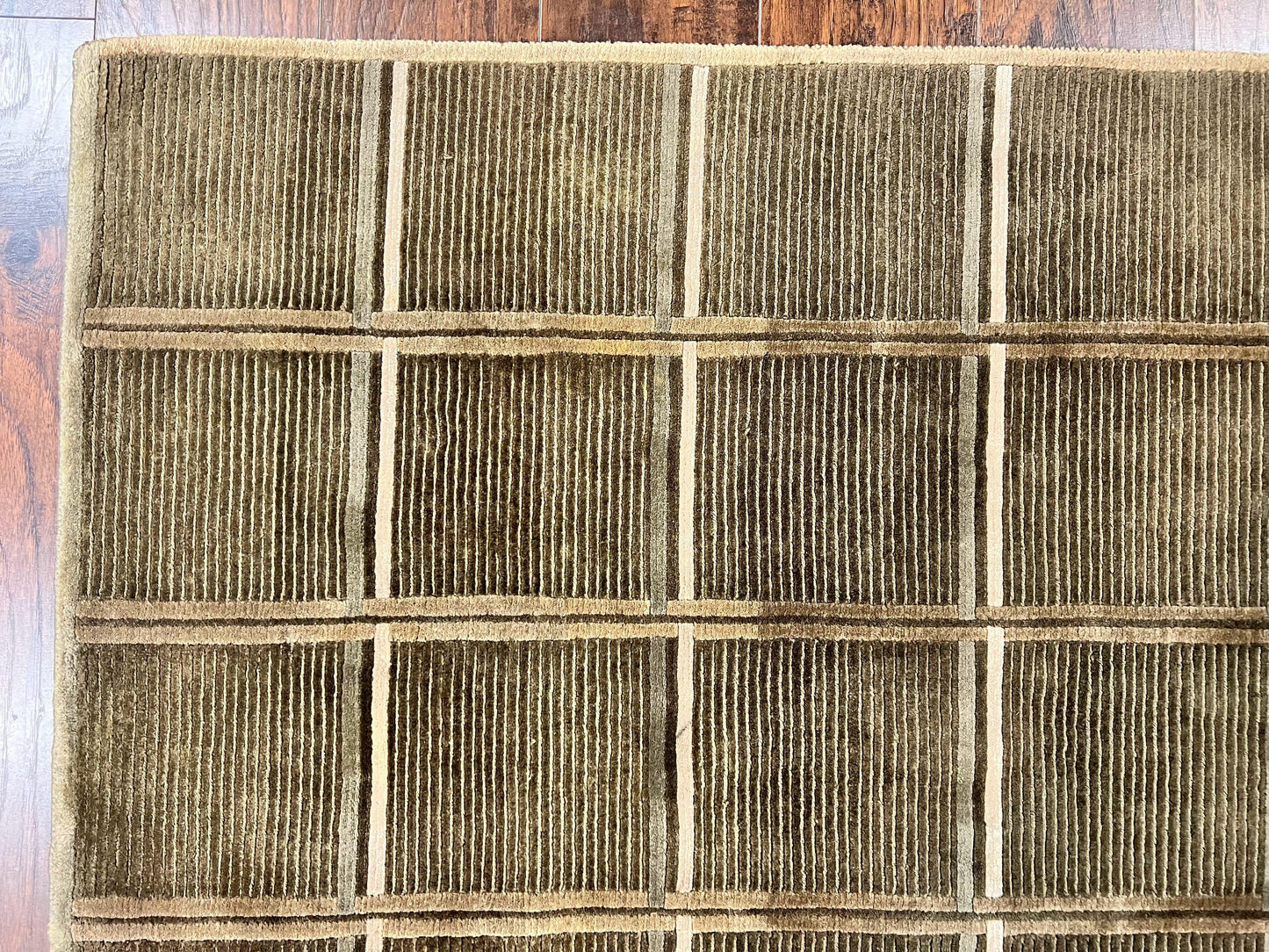 Tibetan Rug 4x6 Handmade Green Wool Area Rug With Panel Design Modern Contemporary