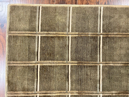 Tibetan Rug 4x6 Handmade Green Wool Area Rug With Panel Design Modern Contemporary