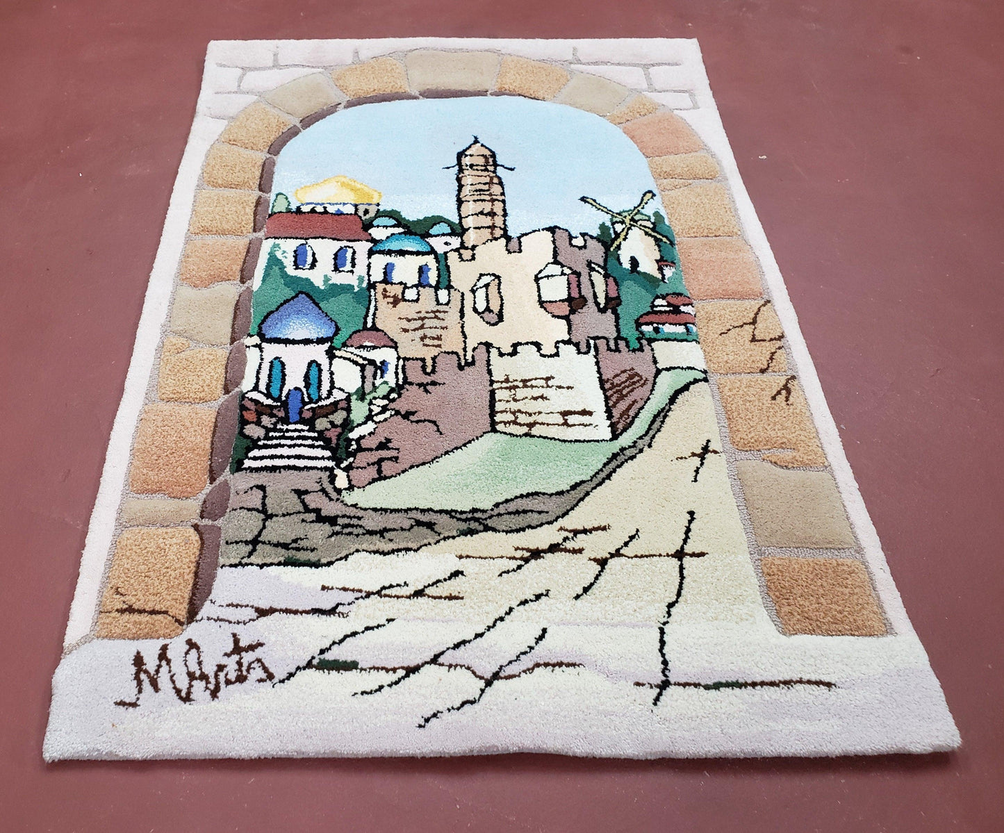 Small Judaica Rug, Rug with Jerusalem Pictorial, Chanuka Gift, Hand-Tufted, Jerusalem Gate, Vintage Judaica, Western Wall Rug, 3x4 Rug