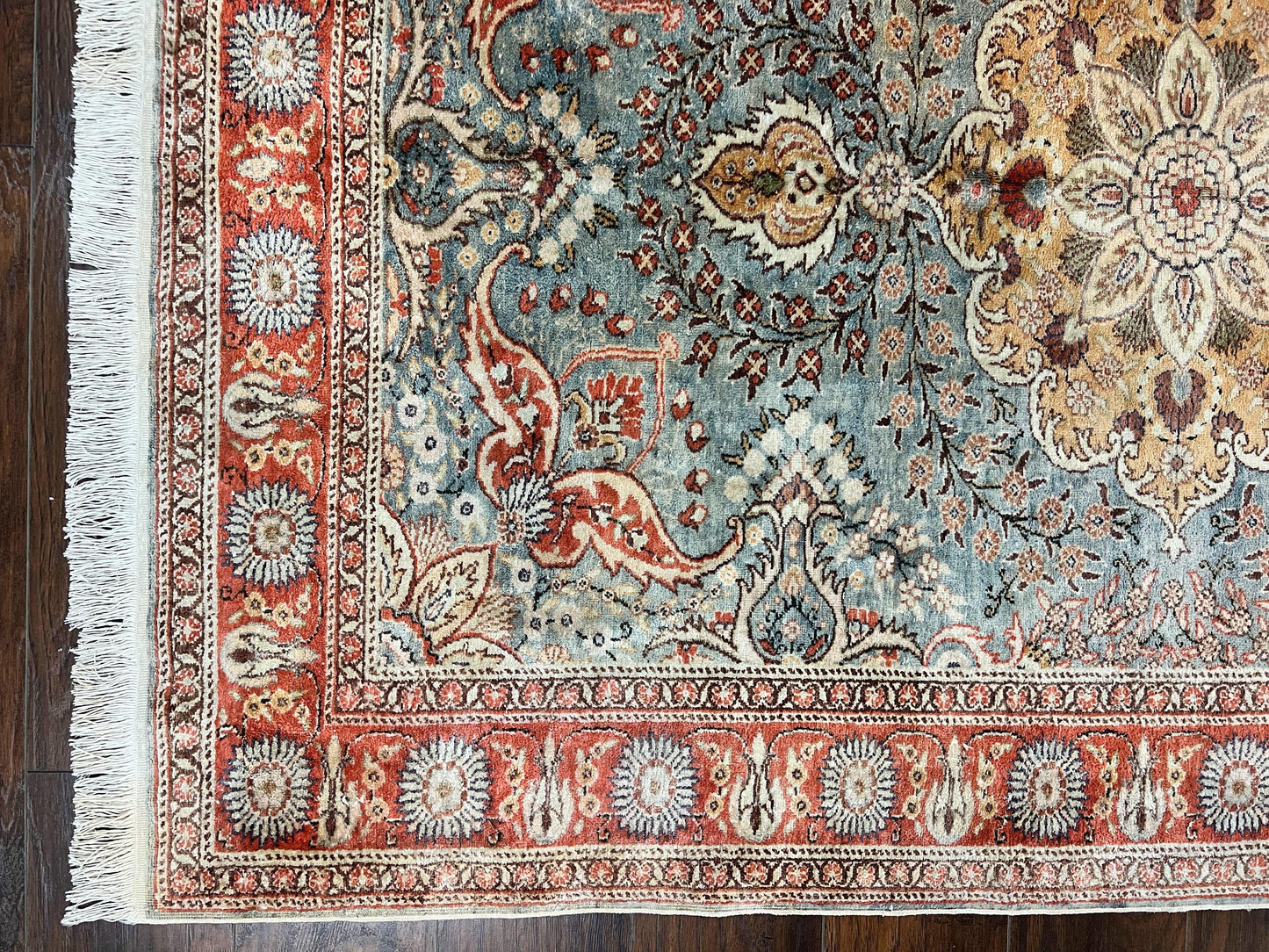 Silk Turkish Rug 5x7, Light Blue Silk Carpet, Floral Medallion, Turkish Kayseri Rug, Vintage Handmade Oriental Rug
