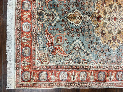 Silk Turkish Rug 5x7, Light Blue Silk Carpet, Floral Medallion, Turkish Kayseri Rug, Vintage Handmade Oriental Rug