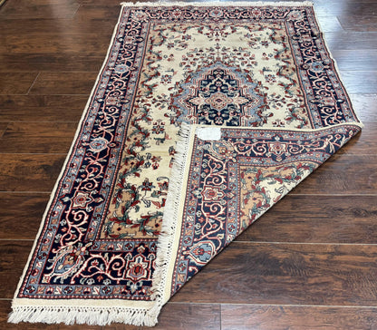Kashmiri Rug 4x6 Handmade Wool Ivory Beige Navy Blue Indo Persian Traditional