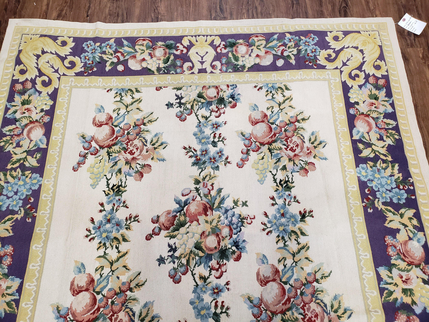Vintage Chinese Floral Needlepoint Rug Wool Handwoven Flatweave Area Rug 6x9 Ivory Purple Dining Room