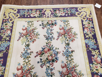 Vintage Chinese Floral Needlepoint Rug Wool Handwoven Flatweave Area Rug 6x9 Ivory Purple Dining Room