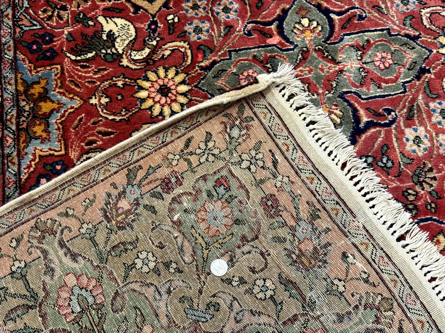 Antique Tabriz Persian Rug 7x10, Red Cream Tan, Unique Design, Fine 270 KPSI, Birds, Floral