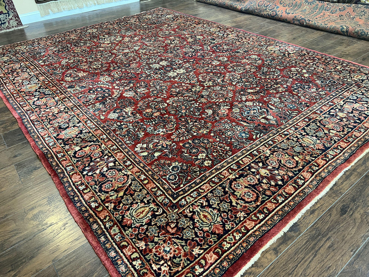 1920s Persian Sarouk Rug 9x12, Red Persian Carpet, High Quality Persian Rug, Allover Floral Pattern, Antique Oriental Rug, Wool Handmade Room Sized