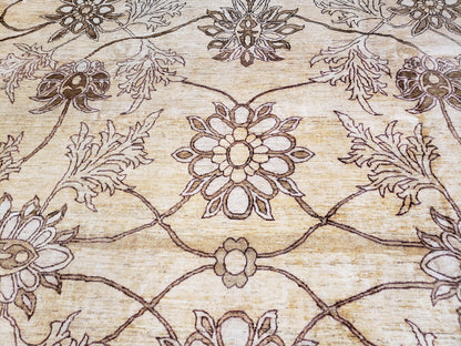 Oversized Peshawar Chobi Oushak Area Rug 11.6 x 12.5, Wool Hand-Knotted Light Gold & Ivory Decorative Pakistani Floral Carpet, 11x12 - 12x13