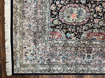 Sino Persian Rug 9x12 Navy Blue and Pink Hand Knotted Wool Silk Floral Vintage Oriental Carpet