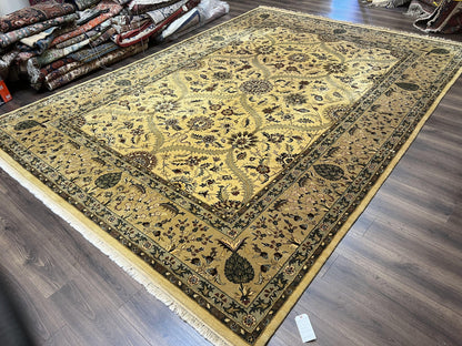 Indo Persian Mahal Rug 10x14, Wool Hand Knotted Oriental Carpet, Cream Floral Allover, Vintage Area Rug 10 x 14, Traditional Rug, Handmade