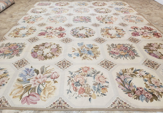 Needlepoint Rug 10x13 Vintage Carpet, Floral Panel Design, Beige, Multicolor Flowers, Handmade Hand Woven, Flatweave, No Pile, Wool
