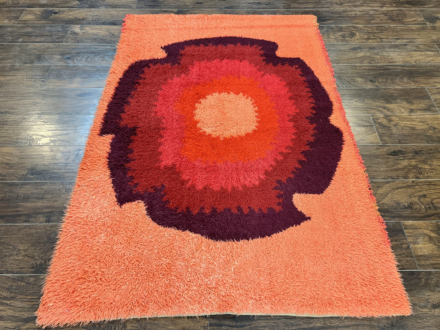 Danish Rya Shag Rug 4x6, Mid Century 1960s Retro Vintage Wool Rug, Shades of Red
