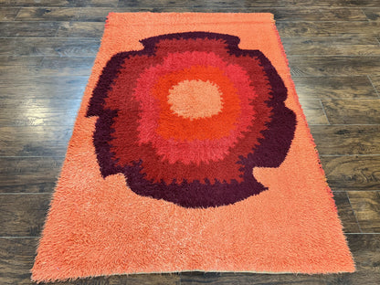 Danish Rya Shag Rug 4x6, Mid Century 1960s Retro Vintage Wool Rug, Shades of Red