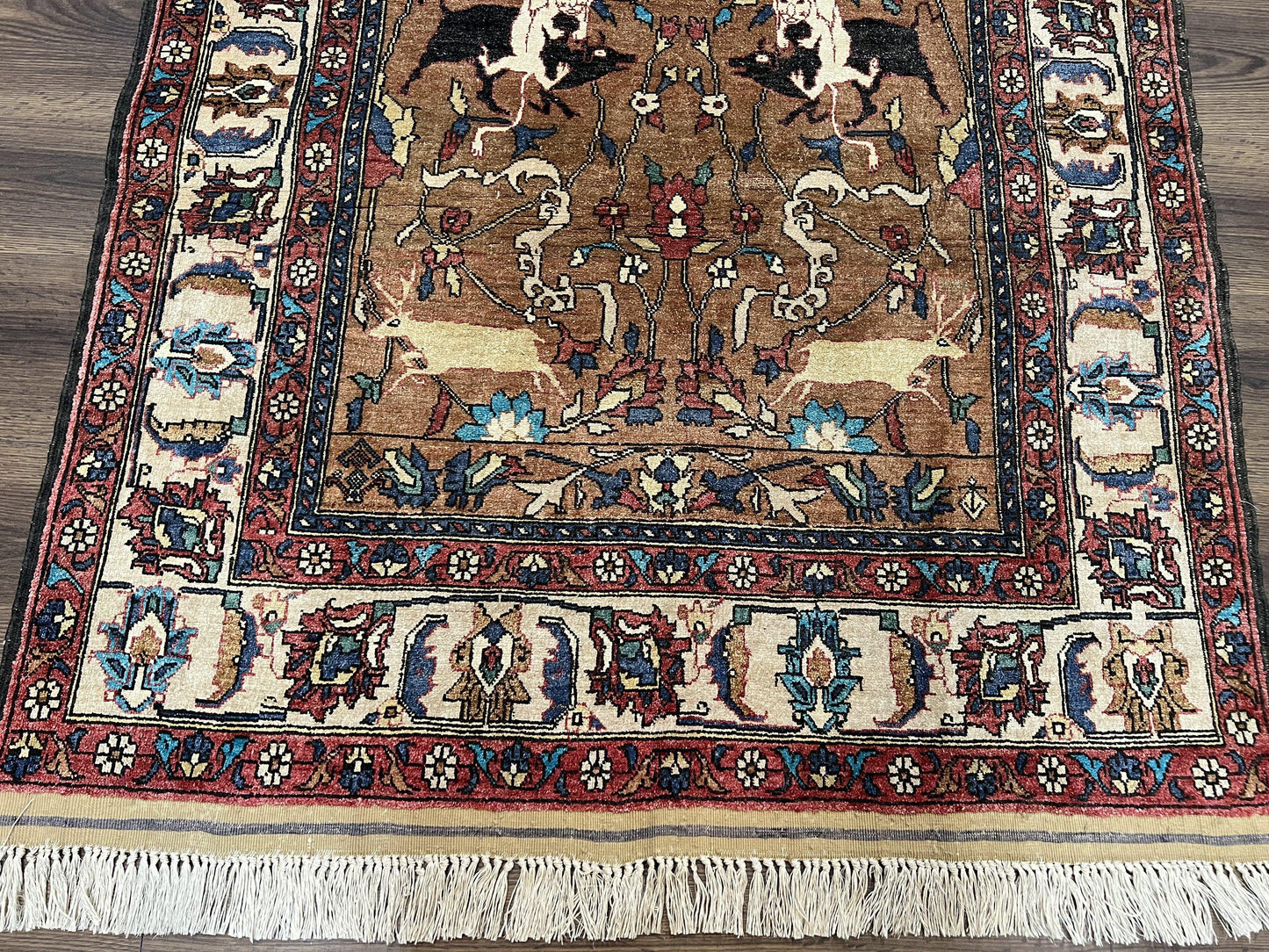 Unique Afghan Silk Rug 4x6, Hunting Pattern Animal Motifs, Light Brown and Cream, Persian Handwritten Poetry, Fine 1940s Oriental Carpet Wow