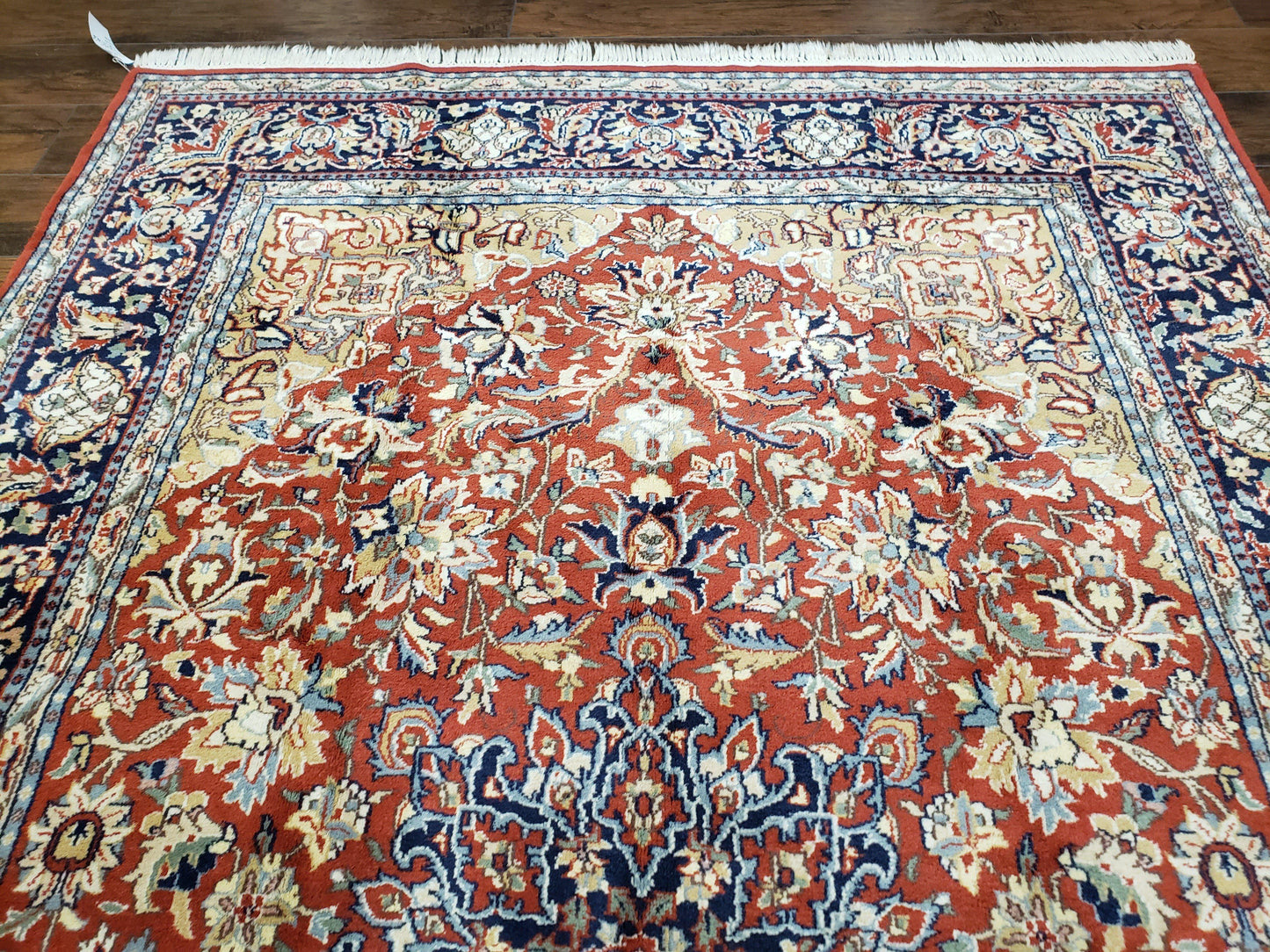 Vintage Indo Persian Oriental Rug 6 x 9.6, Wool Hand-Knotted Red Dark Blue & Gold Indian Carpet, 6 x 9 Office Room Rug, Floral Medallion