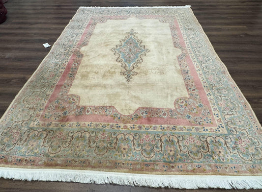 Persian Kerman Rug 6x9 Pastel Colors Semi Open Field Medallion Wool Hand Knotted