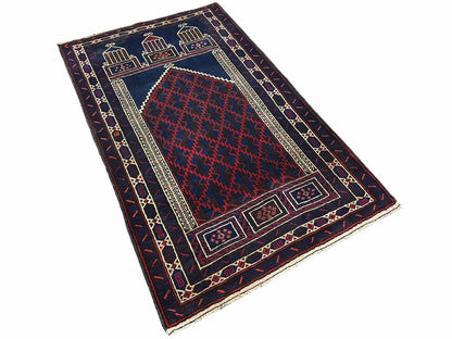 Balouchi Prayer Rug 3x5 Vintage Handmade Tribal Wool Afghan Rug Red Blue