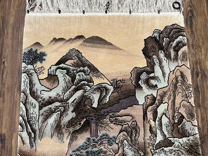 Silk Chinese Wall Hanging Rug 3x6 ft Tapestry, Pagoda Scene, Pictorial, High Quality Fine Hand Knotted Vintage, Asian Oriental Handmade Nice