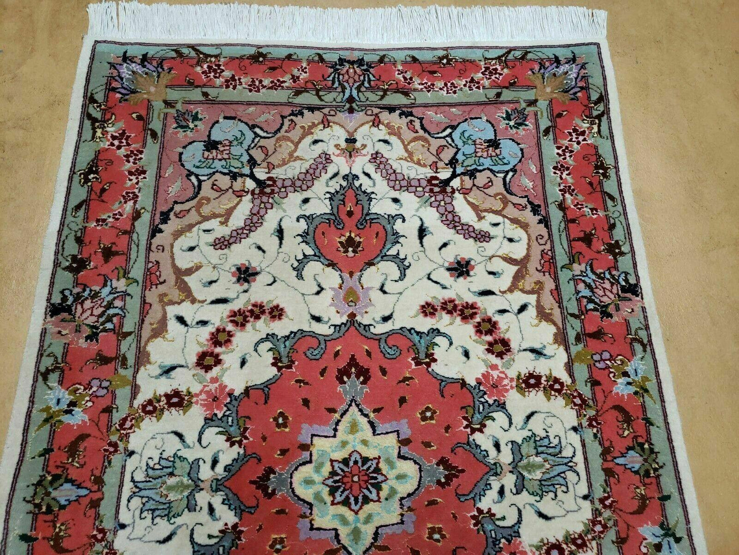 Small Vintage Persian Tabriz Wool and Silk Rug 2.5 x 4 ft, Very Finely Hand Knotted, Medallion, Ivory Salmon Light Blue, Top Quality, Pair B