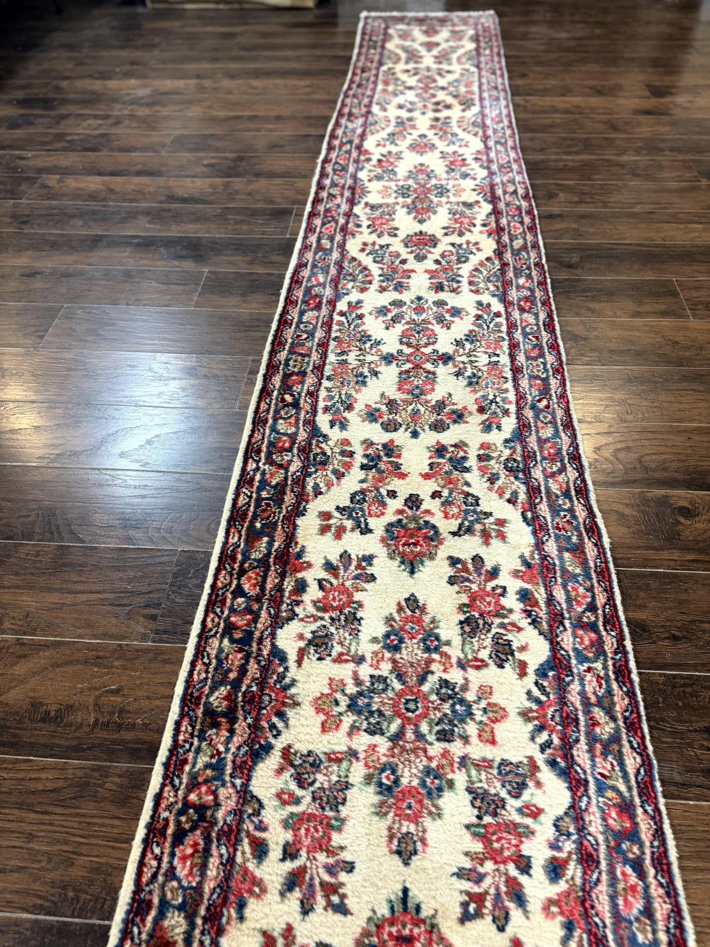 Persian Sarouk Runner Rug Handmade Wool Floral Hallway Ivory