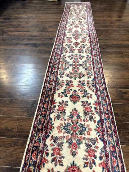 Persian Sarouk Runner Rug Handmade Wool Floral Hallway Ivory