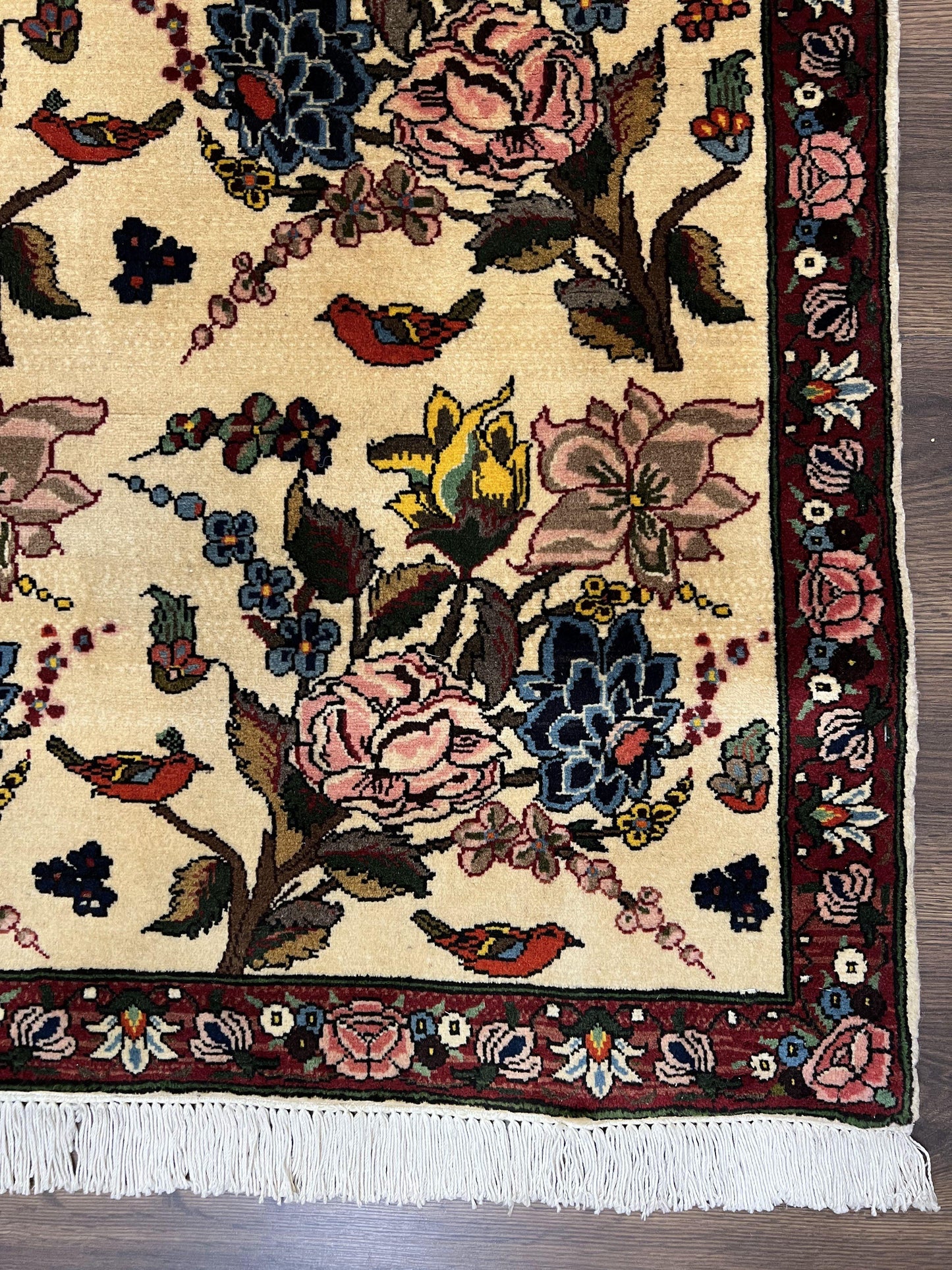 Persian Bidjar Rug 3.6 x 5 ft, Repeated Floral Motifs, Roses and Birds, Cream Burgundy, Fine Wool Oriental Bijar Carpet, Vintage Traditional Area Rug