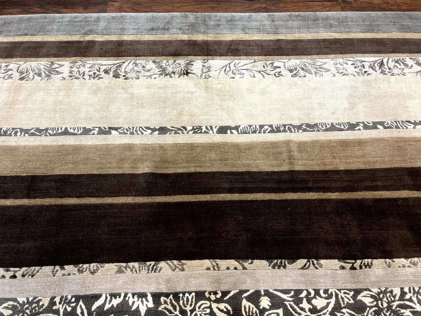 Tibetan Nepali Rug Handmade Wool With Silk Highlights And Stripe Pattern 8x12