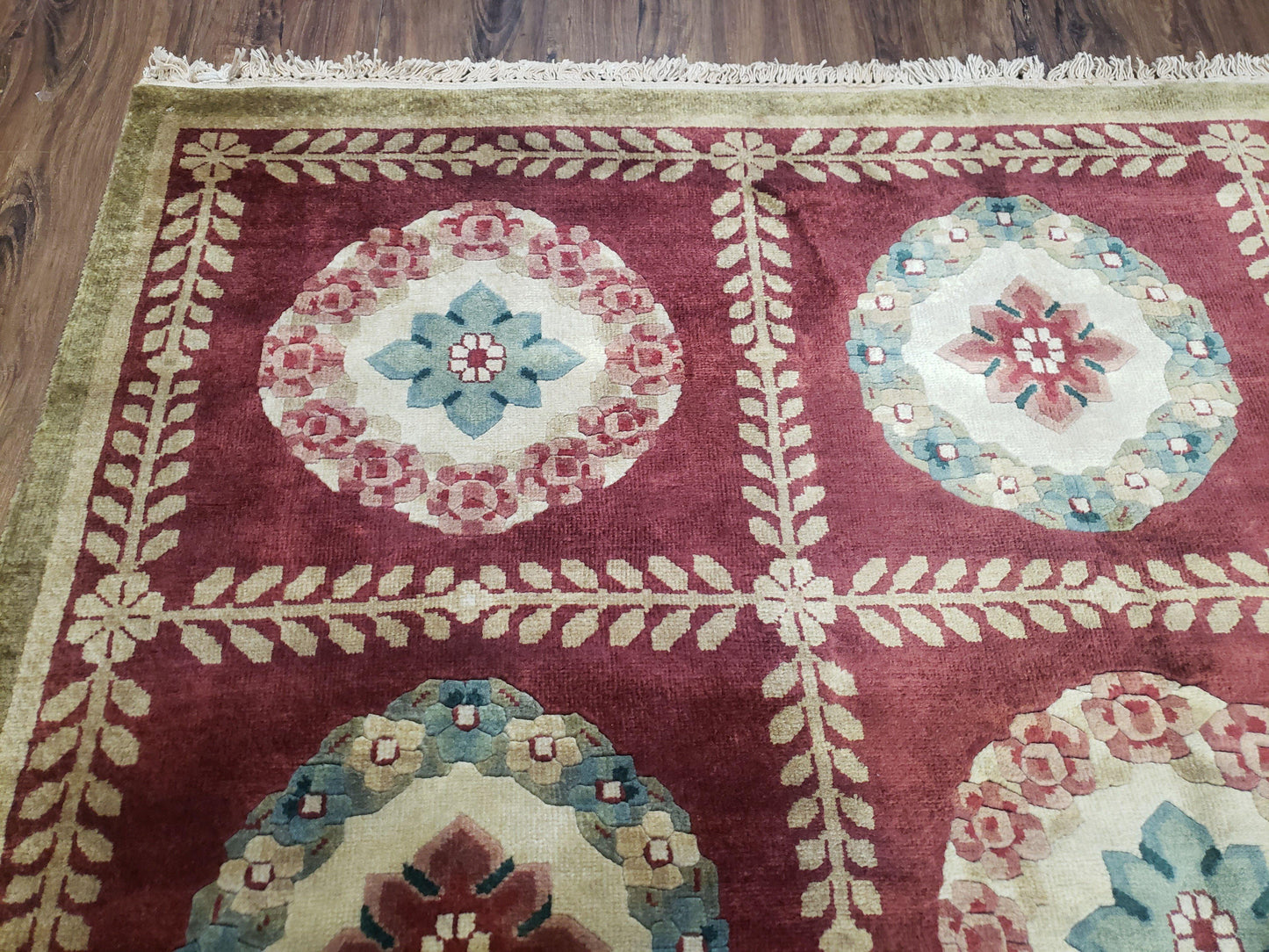 Aubusson Rug Nepalese Hand Knotted Wool 6x9 Red Ivory Area Rug For Office