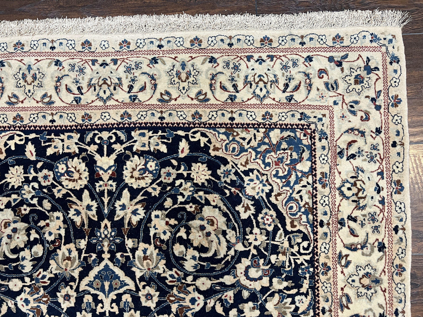 Persian Nain Rug Hand Knotted Wool and Silk Accents With Floral Medallion Navy Blue Ivory Cream