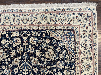 Persian Nain Rug Hand Knotted Wool and Silk Accents With Floral Medallion Navy Blue Ivory Cream