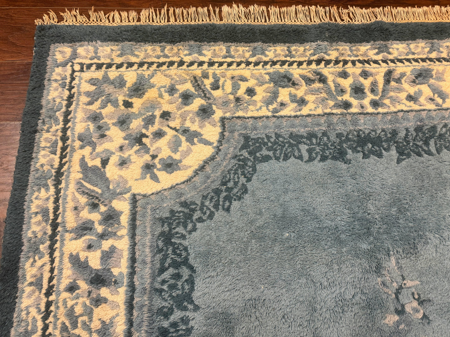 Indo Chinese Aubusson Rug 6x9 Handmade Vintage Wool Carpet Light Blue And Ivory