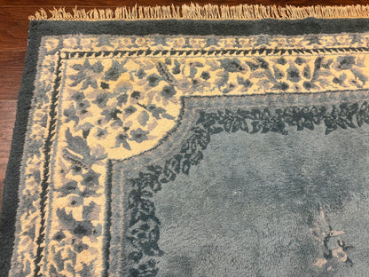 Indo Chinese Aubusson Rug 6x9 Handmade Vintage Wool Carpet Light Blue And Ivory