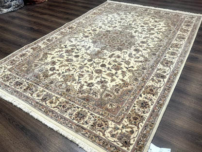 Sino Persian Rug 6x9 Floral Medallion Ivory And Taupe Wool Silk Highlights