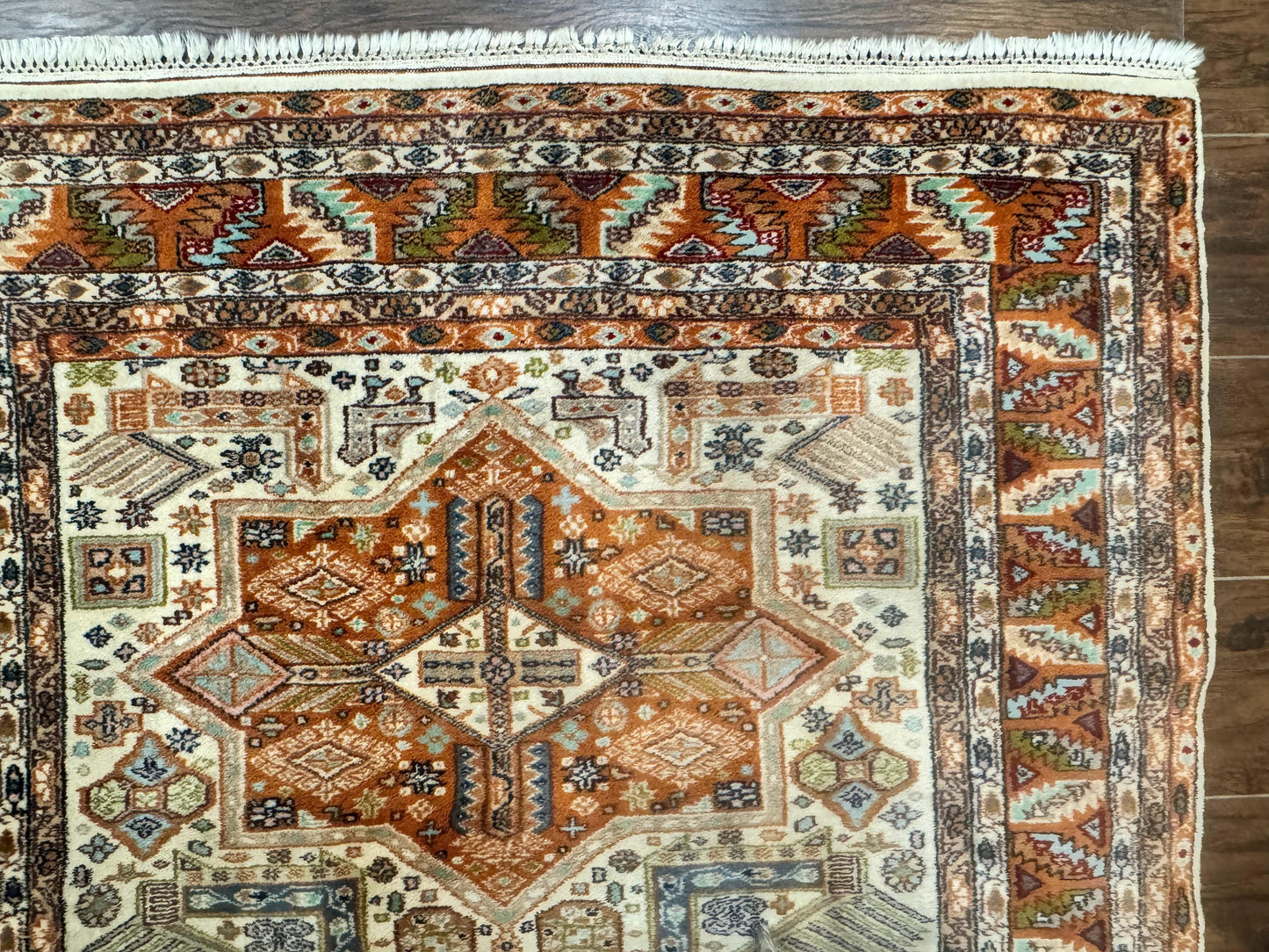 Turkish Kazak Rug 4x6 Geometric Medallions Vintage Hand Knotted Wool Carpet