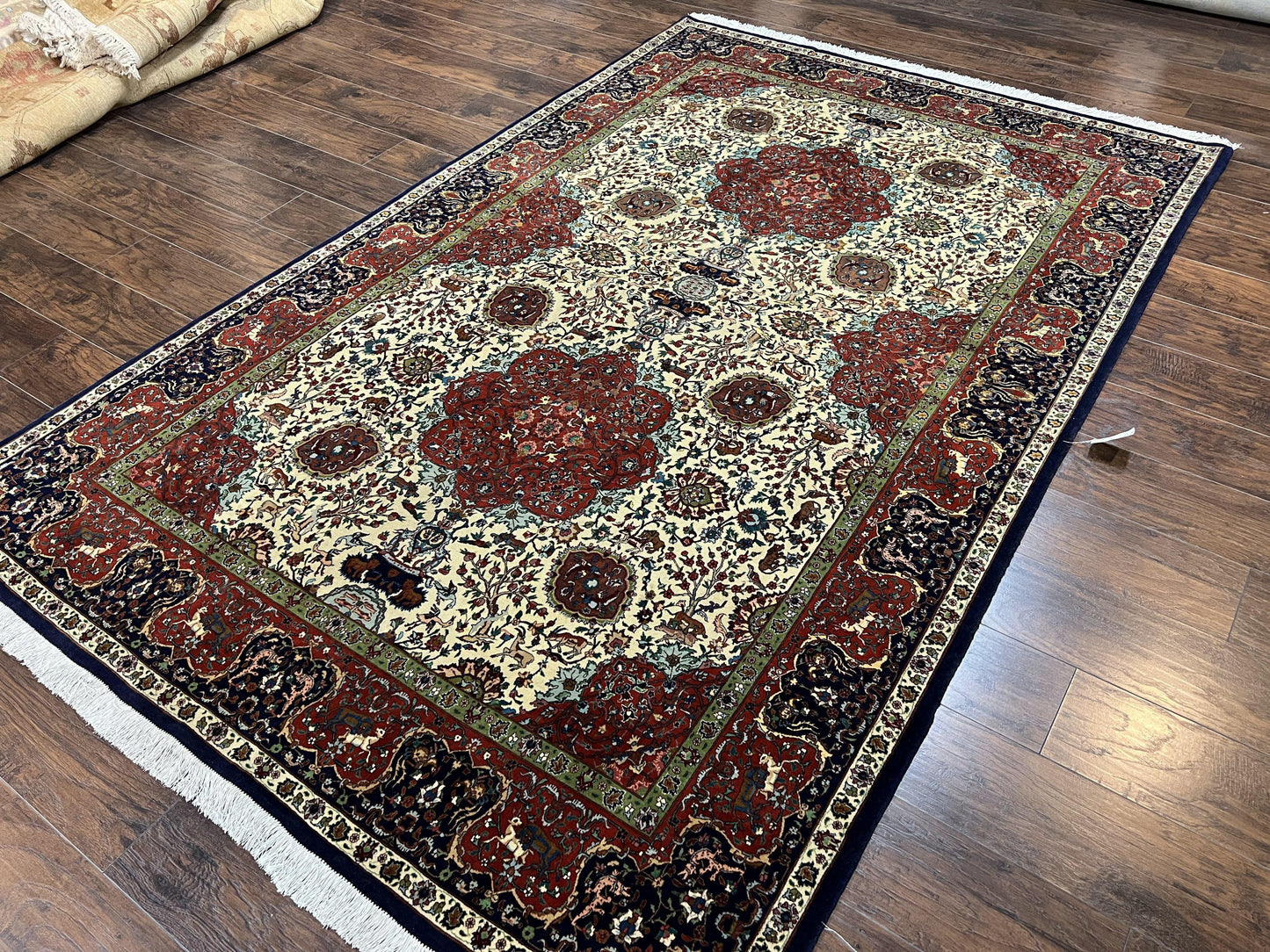 Wonderful Sino Persian Rug 6x10 with Animal Pictorial Motifs, Cream Dark Red Navy Blue, Birds Gazelles, Two Medallions, Top Quality Handmade